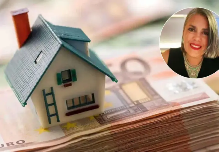 Casa en billetes de euro, con una mujer sonriendo. Guía para los pasos hipoteca.