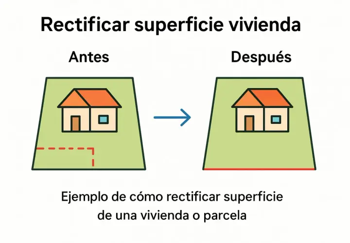Ilustración muestra cómo rectificar la diferencia de metros entre registro de propiedad y catastro. Antes, la parcela tiene límites imprecisos; después, se ajusta a la realidad.