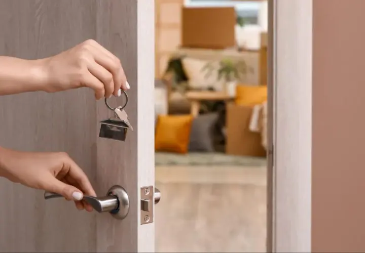 Manos abren la puerta con llaves de casa, un gran tenedor cuelga del llavero. El interior está lleno de cajas de mudanza.