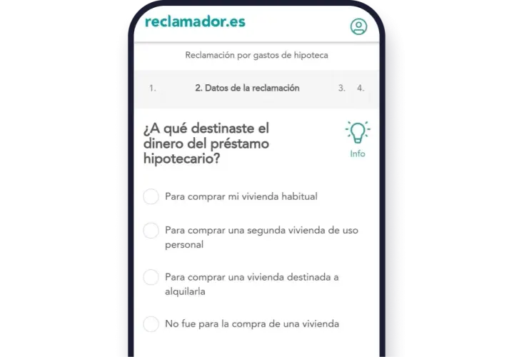 Formulario para reclamar gastos hipoteca BBVA. Pregunta sobre el destino del dinero del préstamo hipotecario.