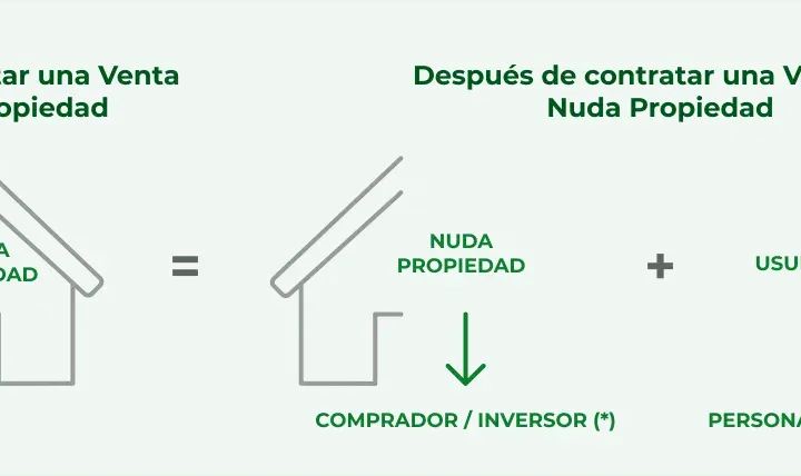 Ilustración explica cómo vender nuda propiedad con usufructo vitalicio: la plena propiedad se divide en nuda propiedad (comprador) y usufructo (persona mayor).