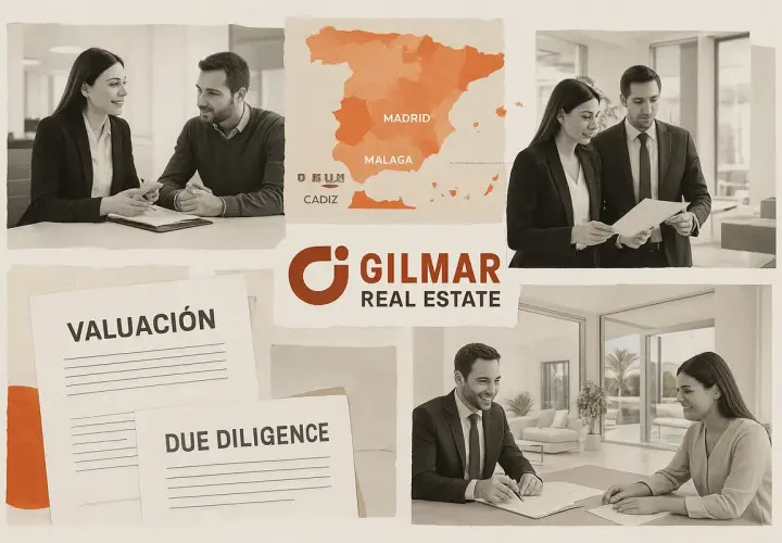 Agentes de Gilmar Real Estate discuten propiedades en España. Documentos de "Valuación" y "Due Diligence" sugieren transacciones.