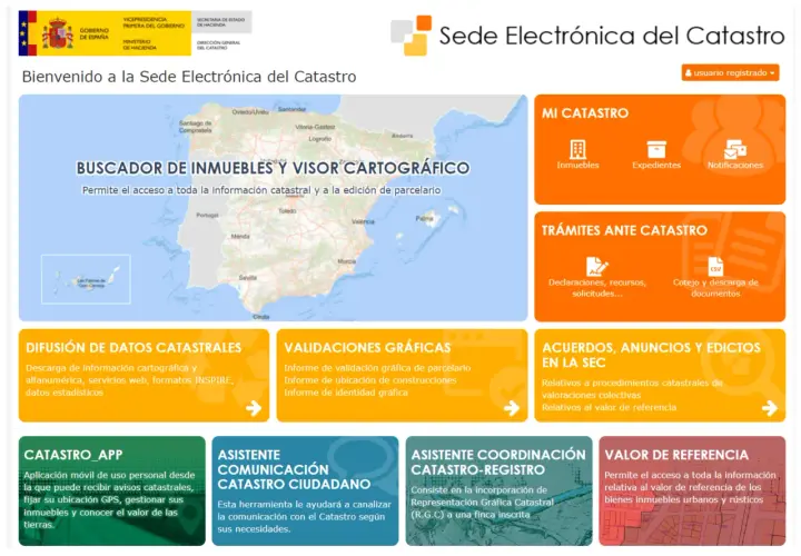 Interfaz web del Catastro español. Un tasador inmobiliario puede usar el buscador de inmuebles y visor cartográfico para acceder a datos catastrales y de parcelario.