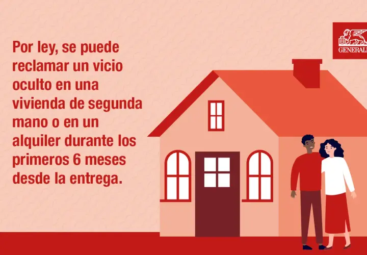 Pareja preocupada frente a su casa. Texto explica que se puede reclamar por vicios ocultos en vivienda o alquiler en los primeros 6 meses.