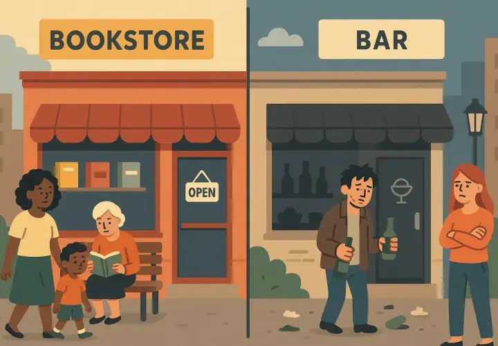 Contraste entre una librería familiar y un bar desolado, mostrando cambios de uso y sus efectos en la comunidad.