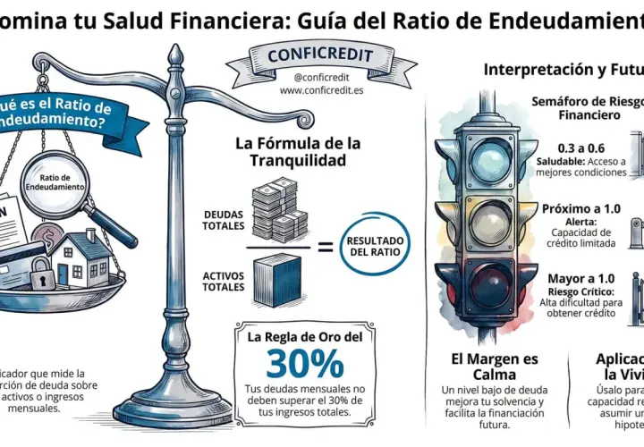 Balanza que compara deudas y activos, ilustrando el ratio de endeudamiento. Un semáforo y puertas indican niveles de riesgo financiero.