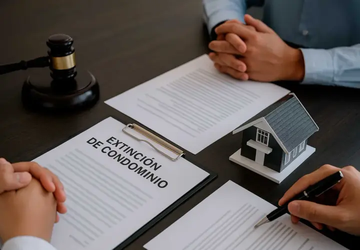 Mesa con mazo de juez, maqueta de casa y documentos sobre la extinción de condominio.