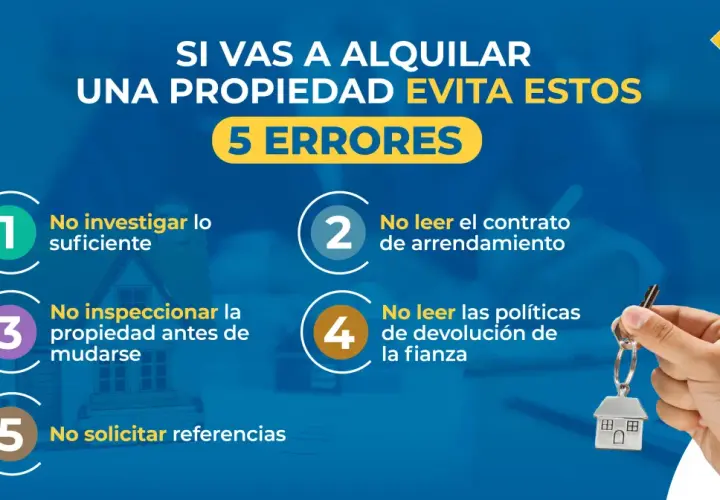 Evita 5 errores al alquilar: no investigar, no leer el contrato de arrendamiento (¡descarga una plantilla contrato de alquiler gratis!), no inspeccionar, no leer políticas de fianza y no pedir referencias.
