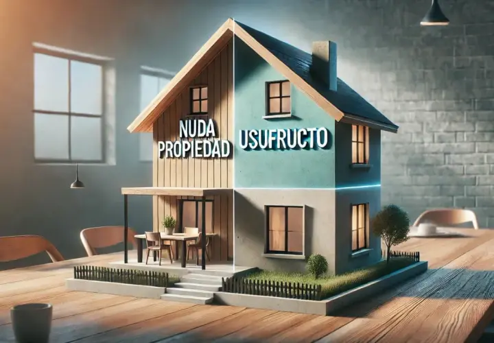 Maqueta de casa dividida: "Nuda Propiedad" en madera, "Usufructo" en turquesa. Ejemplos visuales de derechos inmobiliarios.