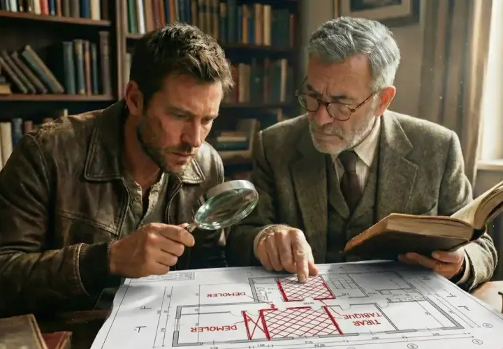 Dos hombres estudian un plano, uno con lupa, el otro con un libro. El arte 24 lau inspira su investigación en la biblioteca.