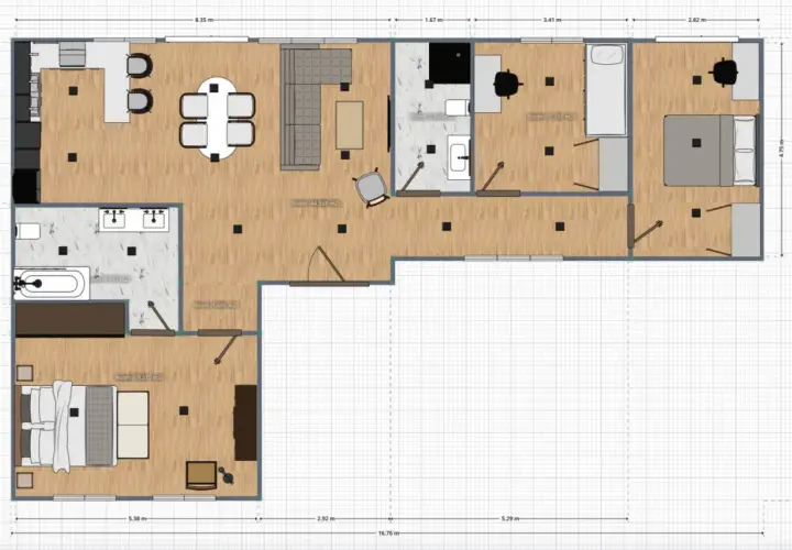Plano de vivienda con distribución de habitaciones, cocina, baños y medidas. Ideal para conseguir planos de una vivienda y visualizar espacios.