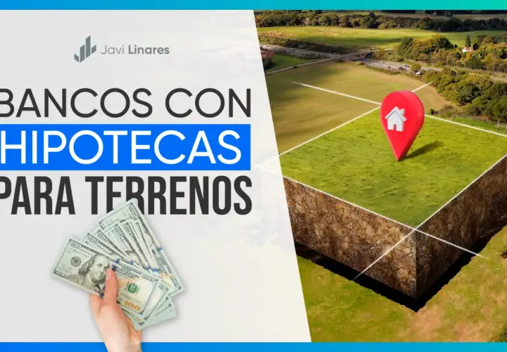Bancos con hipotecas para terrenos. Un terreno con un marcador de casa y fajos de billetes de cien dólares.