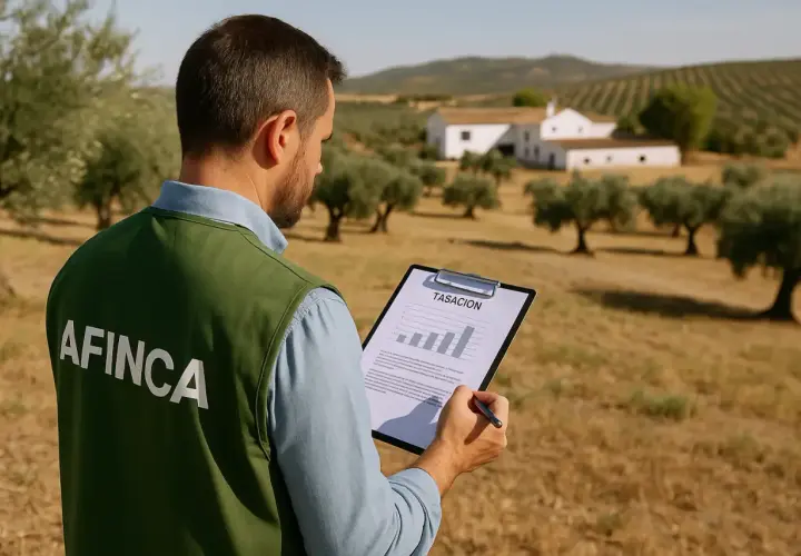 Profesional revisa informe de tasación de terreno rústico con olivos y casas de campo al fondo.