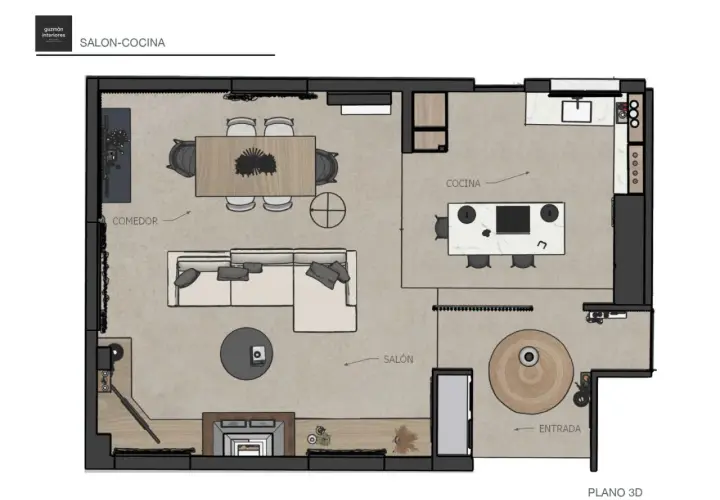 Plano 3D de salón-cocina con comedor, chimenea y entrada. Ideal para saber como conseguir los planos de mi casa.