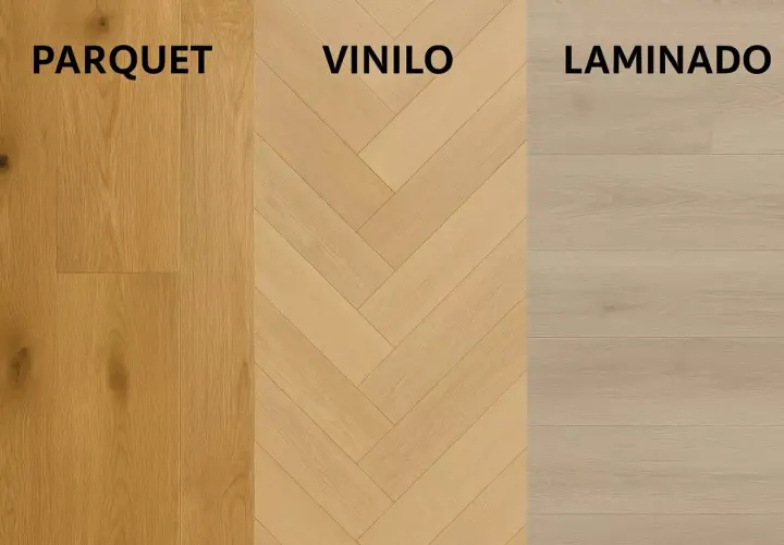 Comparativa visual: parquet clásico, vinilo en espiga y laminado. Muestra la diferencia entre tarima y parquet.