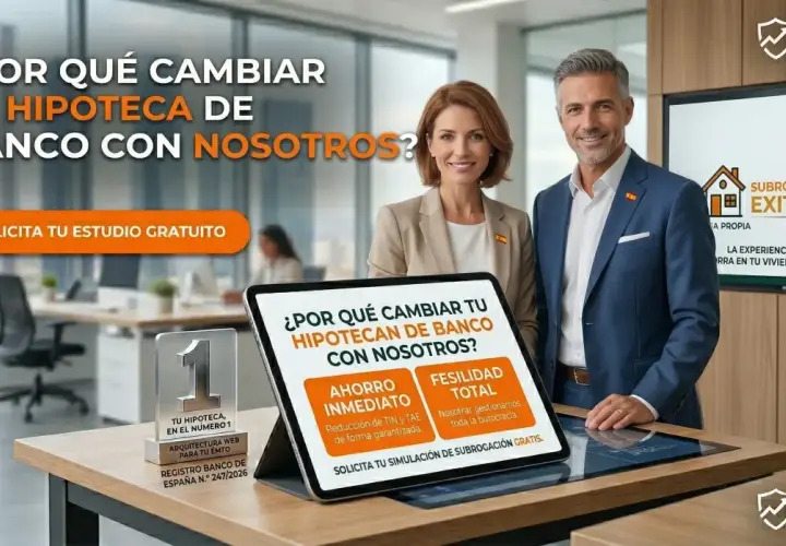 ¿Cuánto cuesta una novación de hipoteca? ¡Descúbrelo! Pareja sonriente en oficina, tablet muestra beneficios de cambiar tu hipoteca.