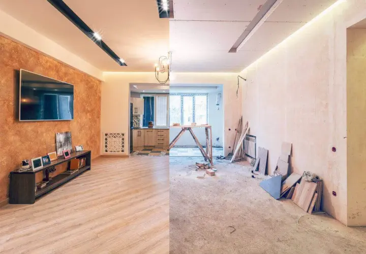 Un lado muestra un salón moderno y amueblado, el otro, una obra en proceso. Un claro ejemplo de cambio de uso y renovación.
