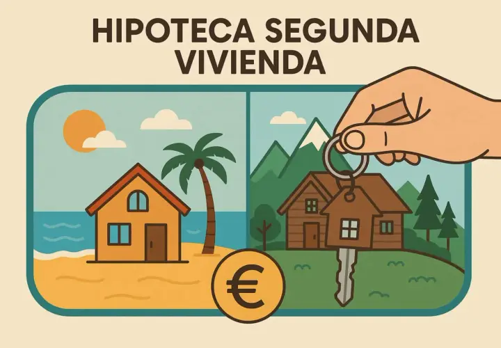 Unas llaves con forma de casa, símbolo de euro y dos casas: una en la playa y otra en la montaña. ¡Tu hipoteca segunda vivienda te espera!