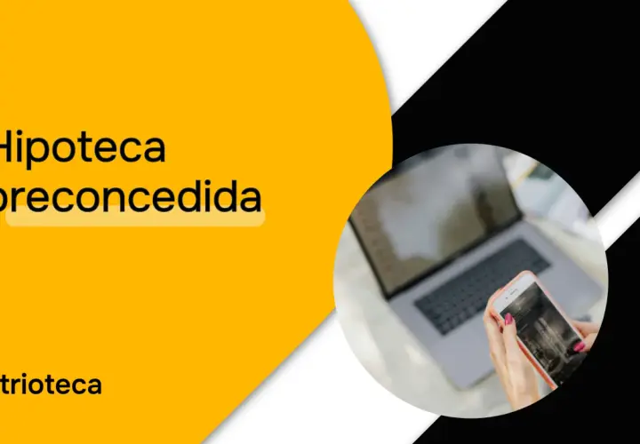 Texto sobre fondo amarillo: "Hipoteca preconcedida". Una mano sostiene un teléfono móvil frente a un portátil.