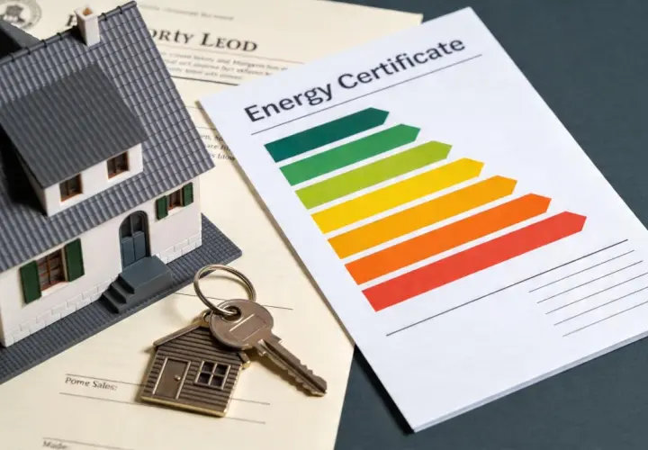 Maqueta de vivienda, llaves y certificado energético. Documentos que podrían influir en el valor catastral de la vivienda.