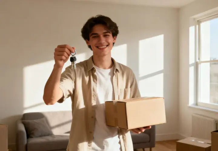 Joven sonriente con caja y llaves, listo para mudarse a su nuevo hogar gracias al bono joven alquiler.