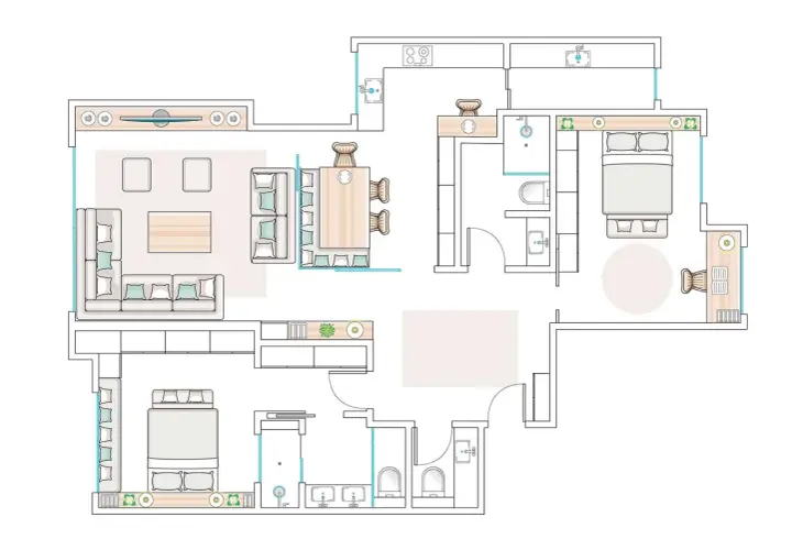 Plano piso con sala, comedor, cocina, dos habitaciones y dos baños.