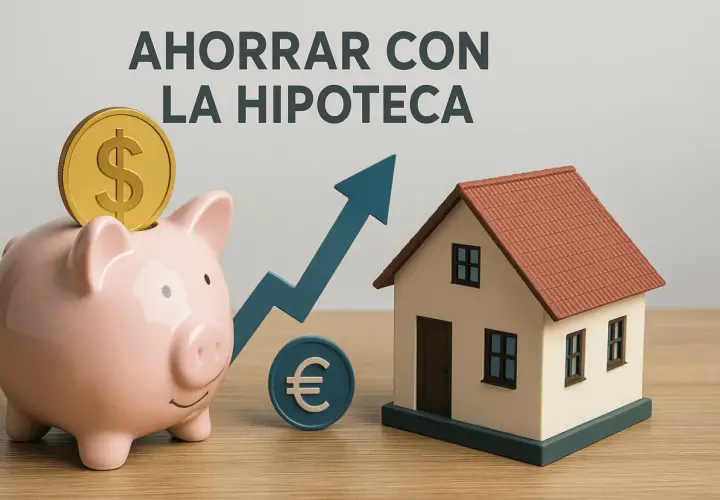 Hucha con moneda de dólar, flecha ascendente y casa. Descubre cuanto desgrava la hipoteca y ahorra.