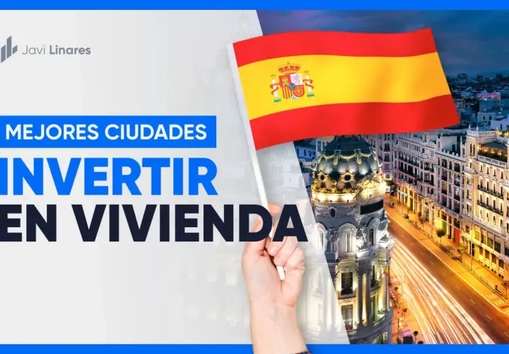 Bandera española ondea sobre edificios emblemáticos, destacando las ciudades más caras de España para invertir en vivienda.