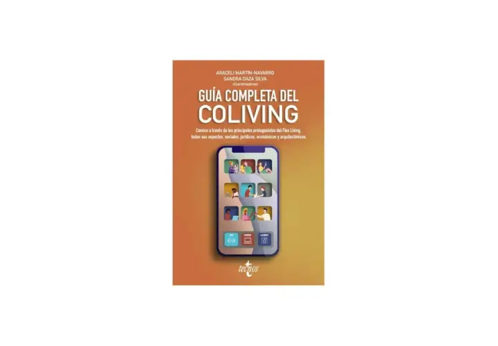 Guía completa del coliving que es, con imágenes de personas y servicios como gimnasio, coworking y lavandería en un smartphone.