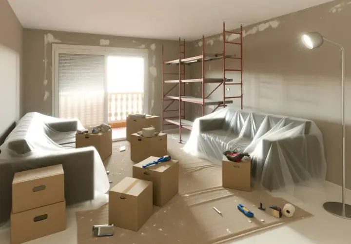 Habitación en reforma, con sofás cubiertos, cajas de mudanza y andamio. Se prepara para cumplir el articulo 22 lau.
