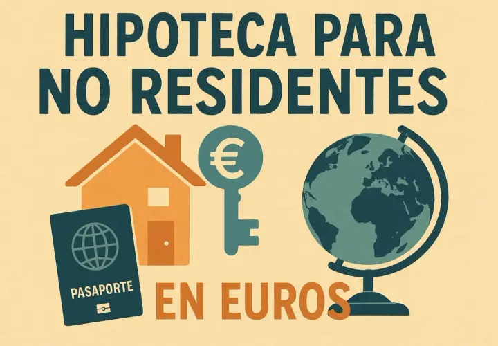 Pasaporte, casa y globo terráqueo junto a una llave con símbolo de euro. Hipoteca para no residentes en euros.