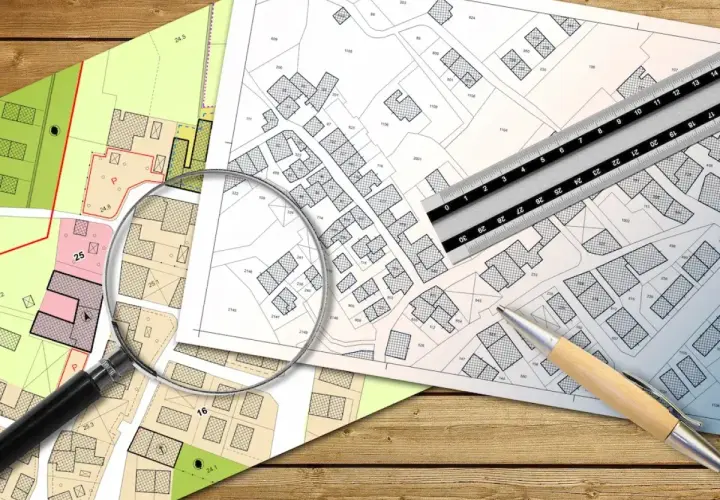 Planos detallados y herramientas de medición para evaluar la edificabilidad de una parcela.