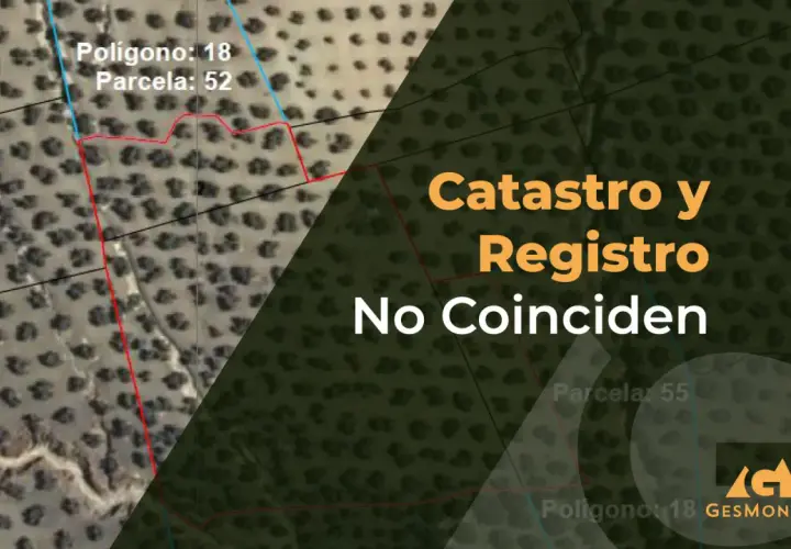 Mapa aéreo con polígonos y parcelas. El texto indica "Catastro y Registro No Coinciden", sugiriendo un problema al inmatricular una finca.