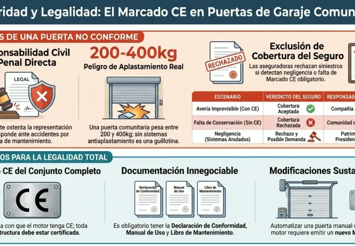 Infografía sobre seguridad y legalidad de puertas de garaje. Detalla riesgos, exclusiones de seguro y requisitos para el marcado CE, enfatizando la importancia del mantenimiento.