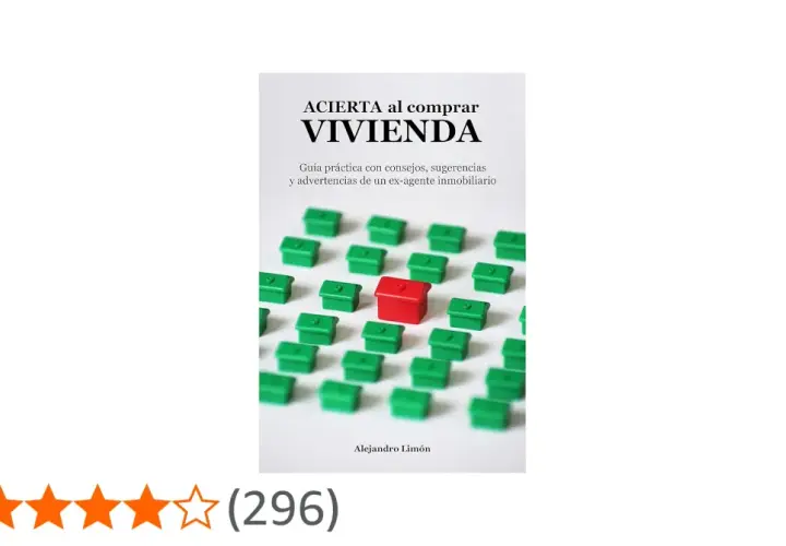 Guía "Acierta al comprar vivienda" con consejos para los pasos a seguir. Una casa roja destaca entre muchas verdes.