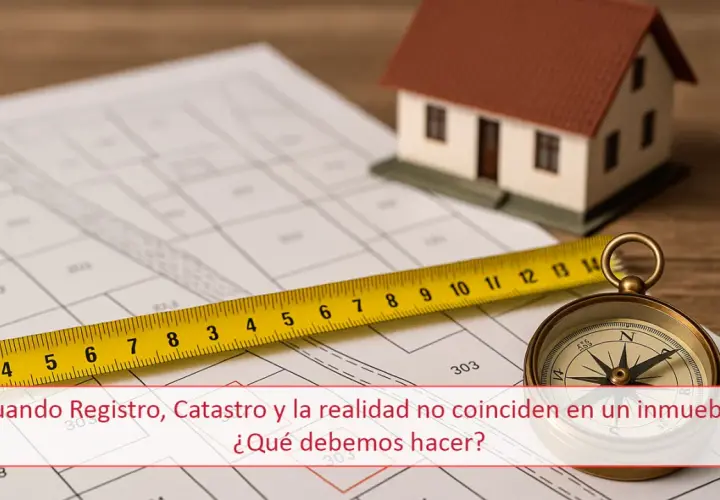Plano de una finca registral con maqueta de casa, cinta métrica y brújula.