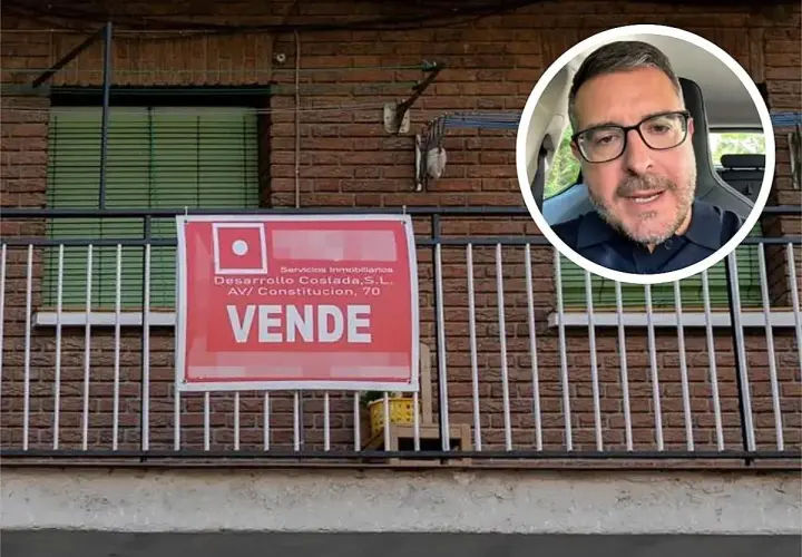 Hombre sonriente en un círculo sobre un cartel rojo de "SE VENDE" de servicios inmobiliarios, indicando oportunidades de inversiones inmobiliarias.