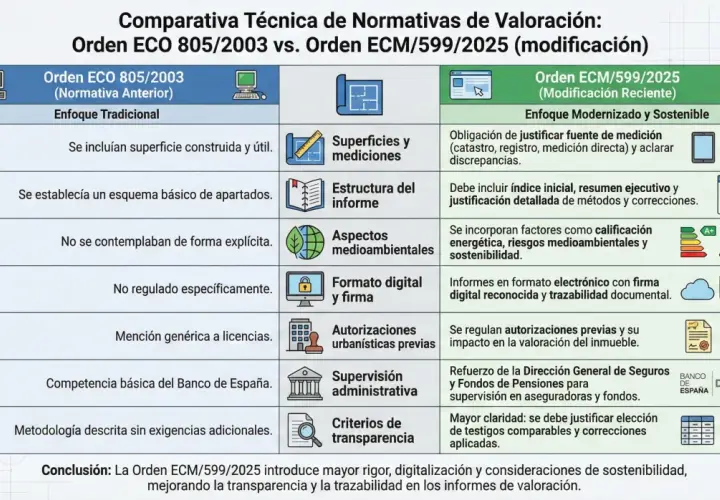 Comparativa de normativas de valoración: Orden ECO 805/2003 vs. ECM/599/2025. La nueva orden mejora rigor, digitalización y valoraciones rics.