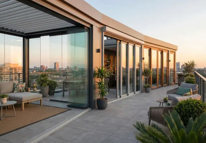 Terraza moderna con varios tipos de cerramientos exteriores: acristalamiento corredero y puertas de madera, vistas urbanas al atardecer.