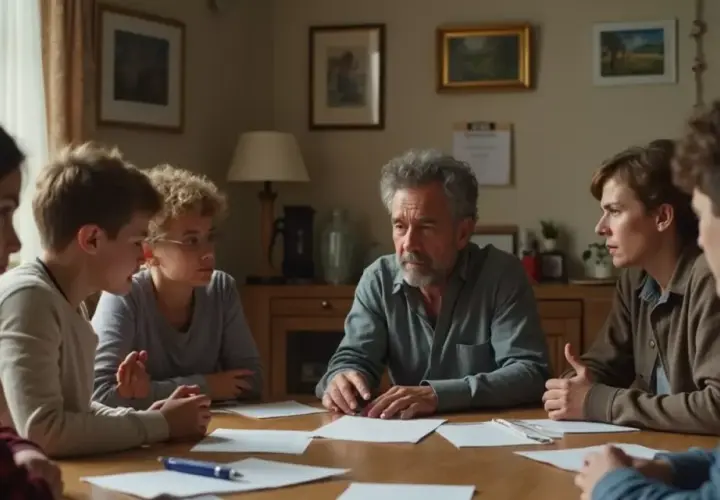 Familia reunida discutiendo cómo vender casa heredada hermanos.