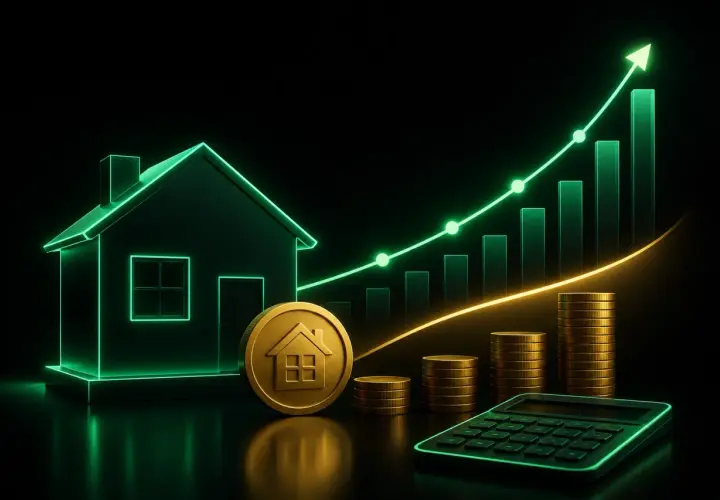 Casa, monedas y calculadora con gráfico ascendente. Los bce tipos de interes influyen en la inversión inmobiliaria.