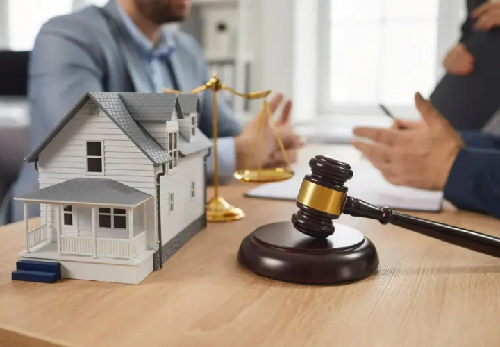 Maqueta de casa, mazo de juez y balanza de la justicia. Se discute la nueva ley de vivienda cuando entra en vigor.