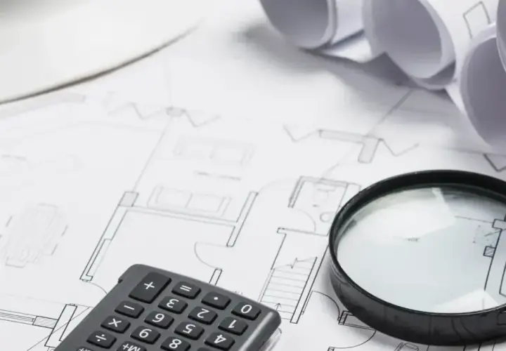 Planos de construcción, lupa, calculadora y casco. Se investiga si no existe valor de referencia catastral.