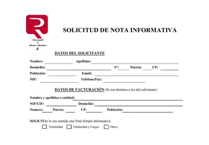 Formulario para solicitar una Nota Simple Informativa, con campos para datos del solicitante y de facturación, asegurando la validez de la nota simple.
