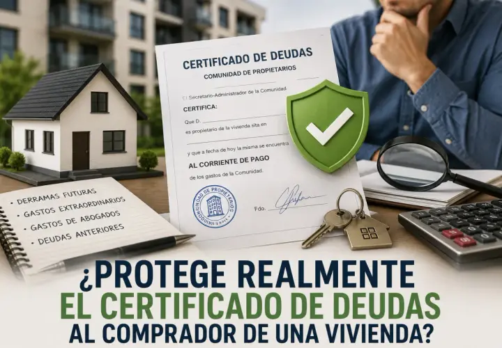 Certificado de deudas y libreta con gastos de vivienda en Madrid. Un comprador evalúa los gastos de compra vivienda Madrid.