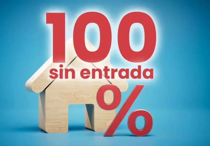 Casa de madera con números rojos "100 sin entrada" y símbolo de porcentaje. Descubre cómo conseguir una hipoteca al 100.