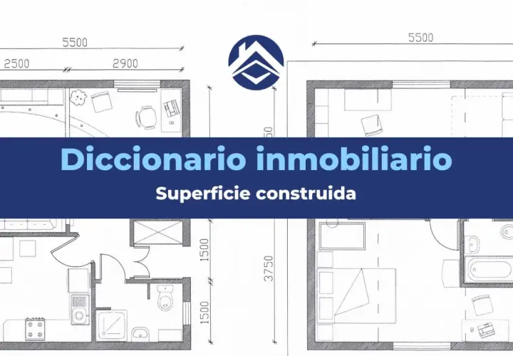 Planos de distribución de viviendas con medidas. El texto indica "Diccionario inmobiliario" y "Superficie construida".