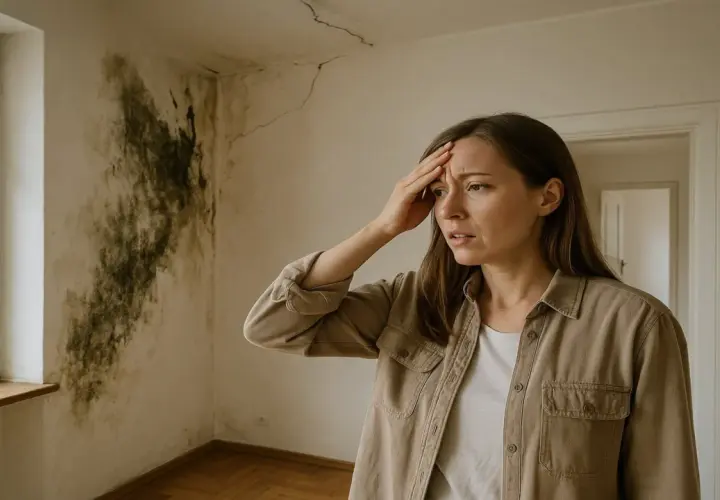 Mujer angustiada mira pared con moho y grietas. ¡La inmobiliaria me ha engañado!