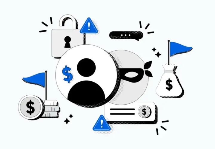 Ilustración de un ladrón enmascarado acechando a un usuario con un símbolo de dólar, rodeado de candados, banderas, bolsas de dinero y advertencias. Representa los problemas de multipropiedad y estafas.