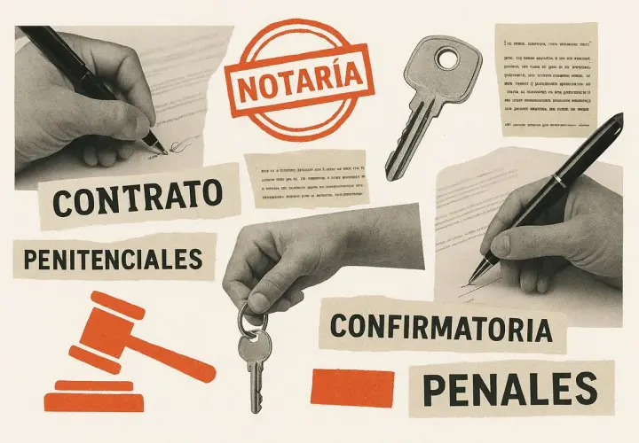 Manos firmando un contrato, una llave y un mazo de juez. Se pregunta qué son las arras de un piso, con términos legales como "penitenciales" y "penales".